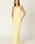 yellow Chiffon halter maxi dress
Fitted column silhouette
High draped halter neckline
Smooth front bodice
Gathered waist detailing
Self-tie at neckline with concealed side zipper
Fully lined
Yellow wedding guest maxi dress