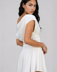 Asymmetrical mini dress
Off the shoulder
Smocked bodice
Unlined
white mini dress
graduation dress
bridal mini dress