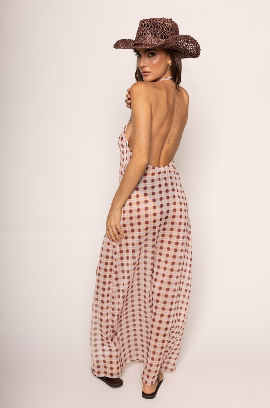 Chiffon checkered printed maxi dress
Halter neck
Deep plunge neckline
Thigh-high slit
Side zipper closure
Unlined/sheer
gingham printed sheer dress
sheer cover up
resort wear cover up dress