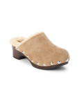 Tan suede clog with wooden sole and silver studs lined with fur