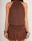 brown Mesh halter neck mini dress
Adjustable neck tie
Ruched bodice
Low back
Lined