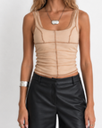 tan beige Layered tank top
Chiffon top layer
Cinched
U neckline
Lined