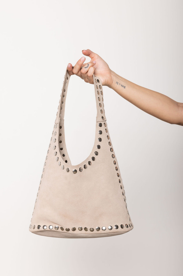 Beige suede tote bag with studded details