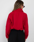 red Funnel neck windbreaker jacket
Track jacket
Button closure
Cinchable waist
2 front pockets
Lined
fall transition outfit