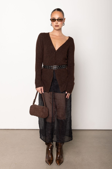 Fuzzy knit sweater top
V neckline
Attached adjustable double belt
Unlined
brown sweater cardigan
holiday outfit
holiday sweater
fall cardigan