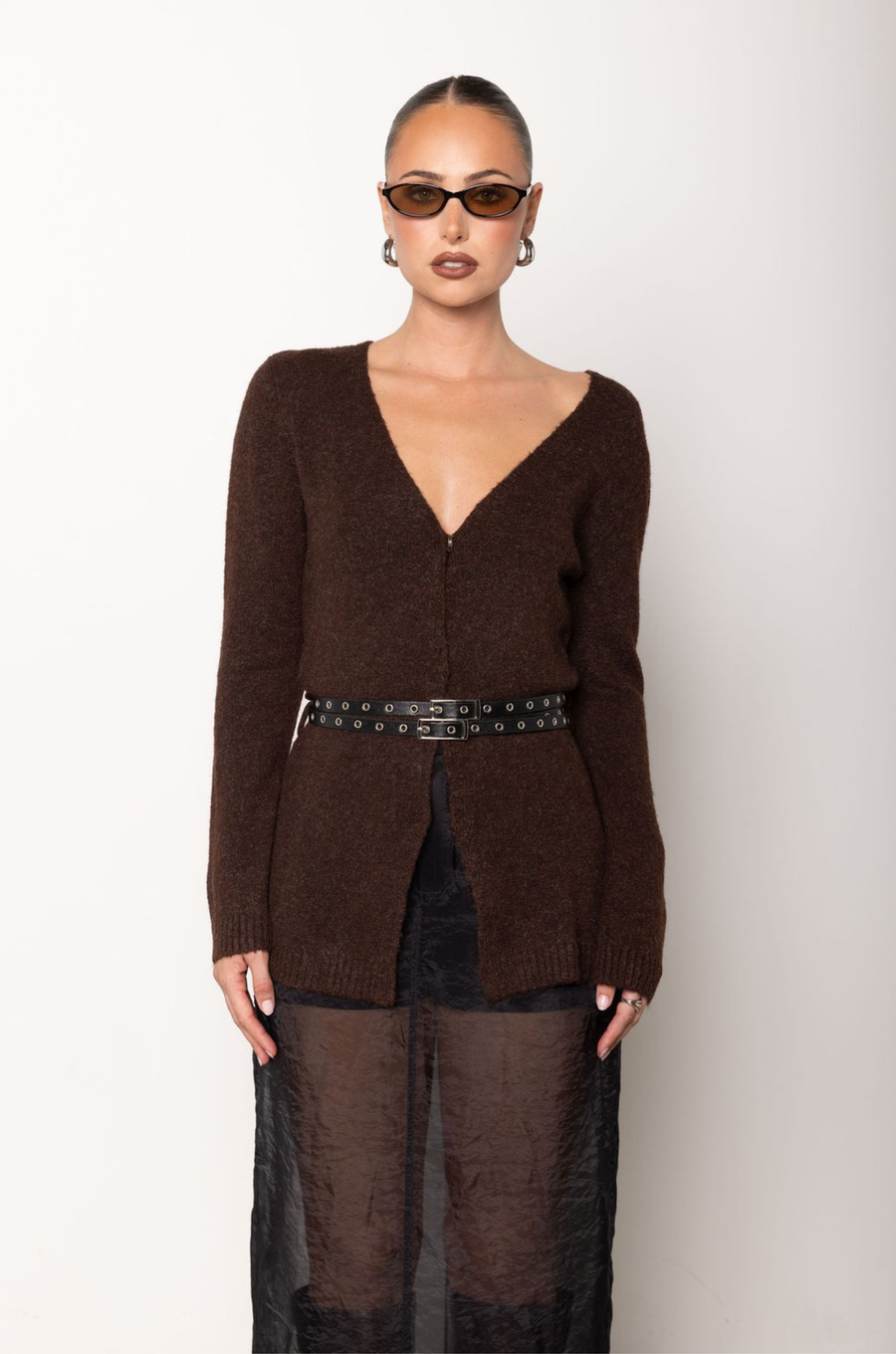 Fuzzy knit sweater top
V neckline
Attached adjustable double belt
Unlined
brown sweater cardigan
holiday outfit
holiday sweater
fall cardigan