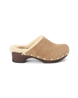 Tan suede clog with wooden sole and silver studs lined with fur