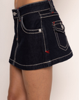 Low-rise denim mini skirt
Comfort stretch denim
Fits true to size
Dark rinse wash
Length: 11.5"
Cotton/Polyester/Elastane