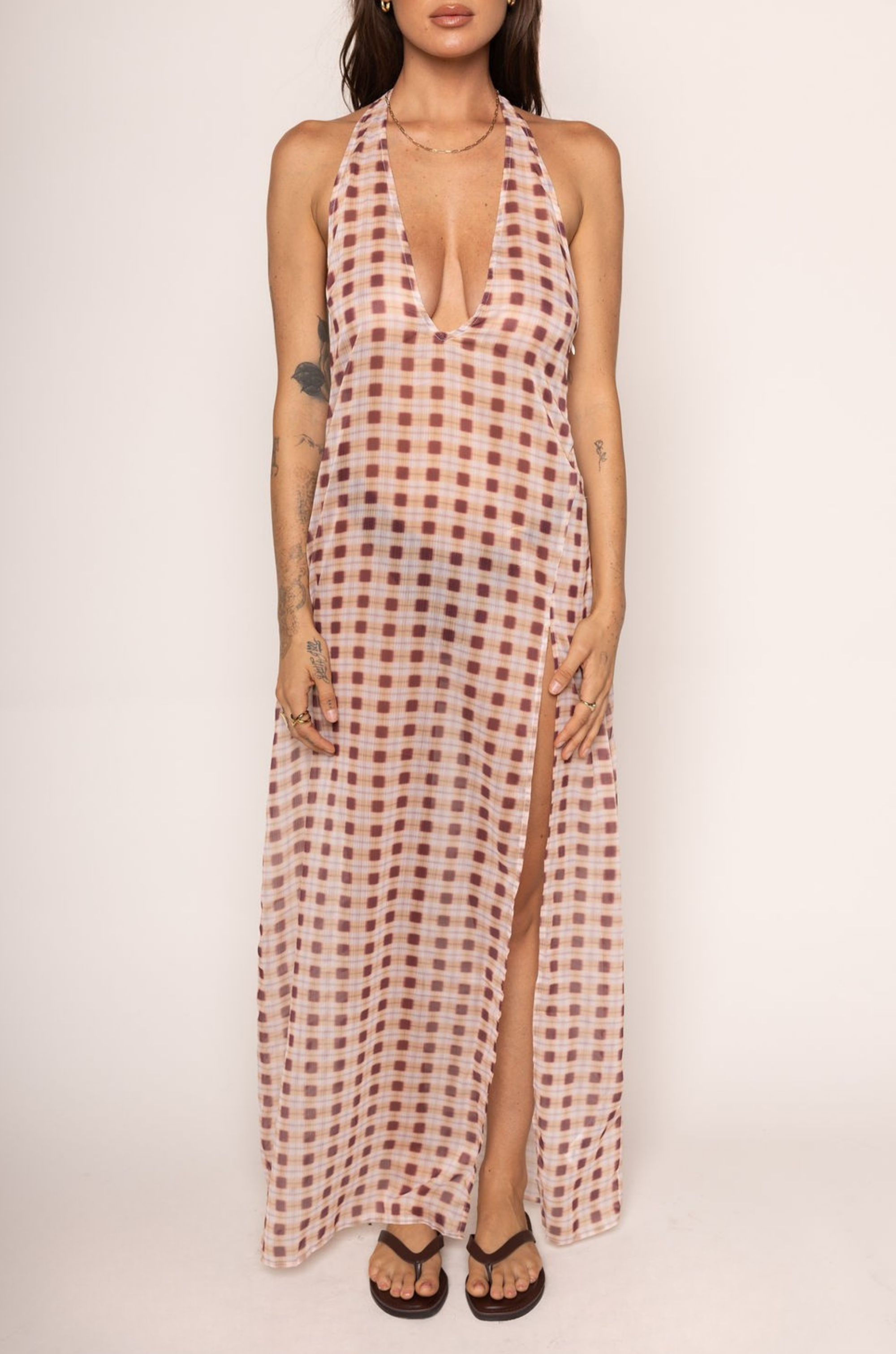 Chiffon checkered printed maxi dress
Halter neck
Deep plunge neckline
Thigh-high slit
Side zipper closure
Unlined/sheer
gingham printed sheer dress
sheer cover up
resort wear cover up dress