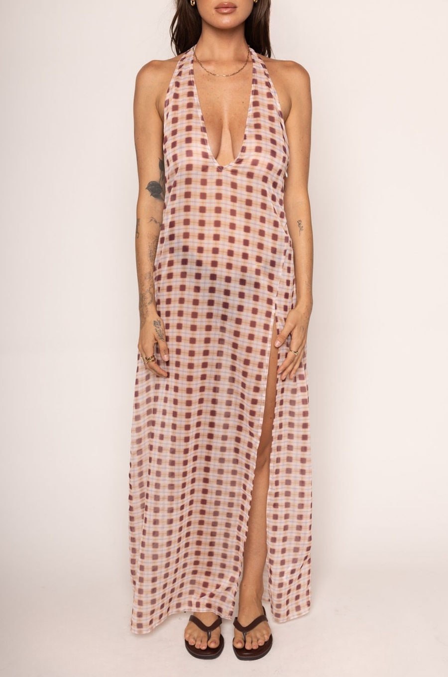 Chiffon checkered printed maxi dress
Halter neck
Deep plunge neckline
Thigh-high slit
Side zipper closure
Unlined/sheer
gingham printed sheer dress
sheer cover up
resort wear cover up dress