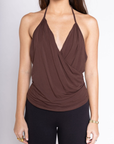 brown Halter V neck top
Adjustable neck strap
V neck cross over front
Lined
brown going out top
summer top