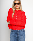 Fuzzy knit cardigan
Crewneck
Front button down closures
Long sleeves
Unlined
red cardigan
fall cardigan
fall outfit