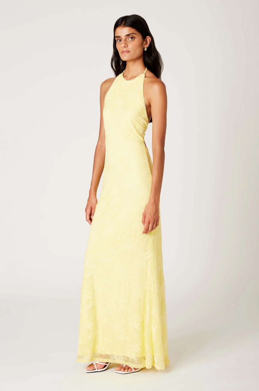 Halter neck lace maxi dress
Open back with adjustable tie closures
Adjustable neck tie
Subtle flared hem
Lace detailing throughout
Lined
yellow lace dress
butter yellow wedding guest dress
summer wedding guest dress
