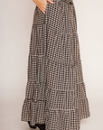 black and white Gingham printed tiered maxi skirt
Elasticated waistband with mini bow detail
Subtle gathered seams for added texture
Lined
spring maxi skirt