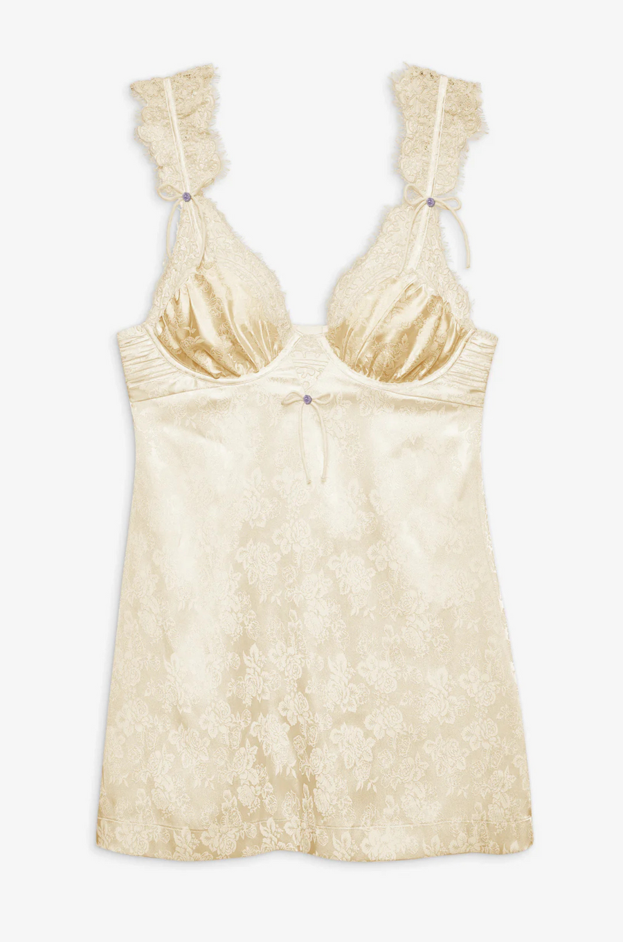 cream Satin slip mini dress with lace detailing
Crafted in a chic floral jacquard
Adorned with lace trims
Ruched underwire cups
Low drawstring back
Skinny chiffon tie bows and rosettes throughout
Unlined
Adjustable shoulder straps
Hook and eye closure at center-back
Polyester/Elastane
lingerie slip dress