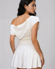 Asymmetrical mini dress
Off the shoulder
Smocked bodice
Unlined
white mini dress
graduation dress
bridal mini dress