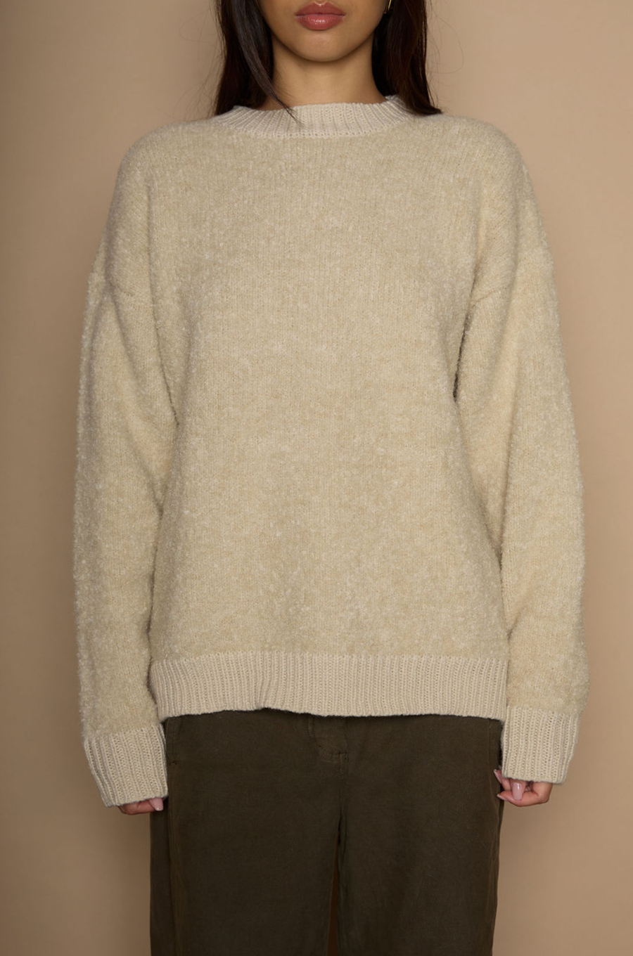 Fuzzy boucle knit sweater. Crewneck. Unlined. beige sweater. fall sweater. winter sweater. bone sweater
