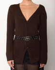 Fuzzy knit sweater top
V neckline
Attached adjustable double belt
Unlined
brown sweater cardigan
holiday outfit
holiday sweater
fall cardigan