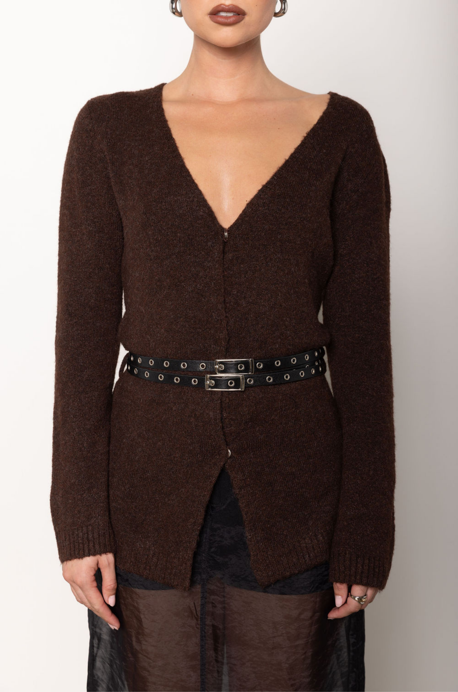 Fuzzy knit sweater top
V neckline
Attached adjustable double belt
Unlined
brown sweater cardigan
holiday outfit
holiday sweater
fall cardigan