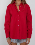 red Button down top
Long sleeve
Collared
Unlined
fall transition top 