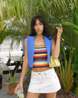 Striped knit tank top
Adjustable strap
Unlined