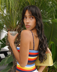 Striped knit tank top
Adjustable strap
Unlined