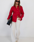 red Button down top
Long sleeve
Collared
Unlined
fall transition top 