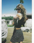 black and white Polka dot printed mini skirt
A-line shape
Picot-trimmed elastic waistband
summer mini skirt
spring mini skirt