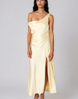 yellow Satin maxi dress
Asymmetrical off-shoulder neckline
Ruched bodice
High side slit
Lined
wedding guest dress
bridesmaid dress