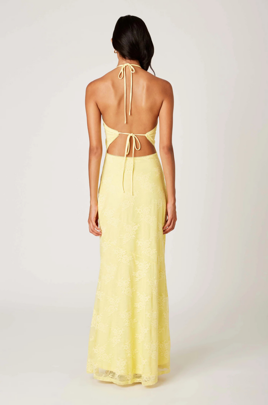 Halter neck lace maxi dress
Open back with adjustable tie closures
Adjustable neck tie
Subtle flared hem
Lace detailing throughout
Lined
yellow lace dress
butter yellow wedding guest dress
summer wedding guest dress