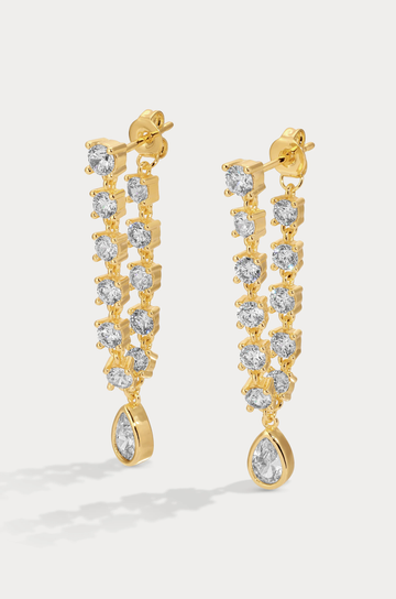 Prong-and-bezel style earrings
Available in 14kt gold plated brass or Rhodium plated brass
Stones are white CZs,&nbsp; measuring 3.0–3.5mm round and 6x4mm pear
Post fastening for pierced ears
Sold as a pair
gold droop earrings
fancy earrings