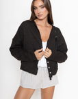 Striped point micro shorts
Lace trim
Elastic waistband
Front bow
Unlined
cream and black striped mini lounge shorts
fall transition outfit