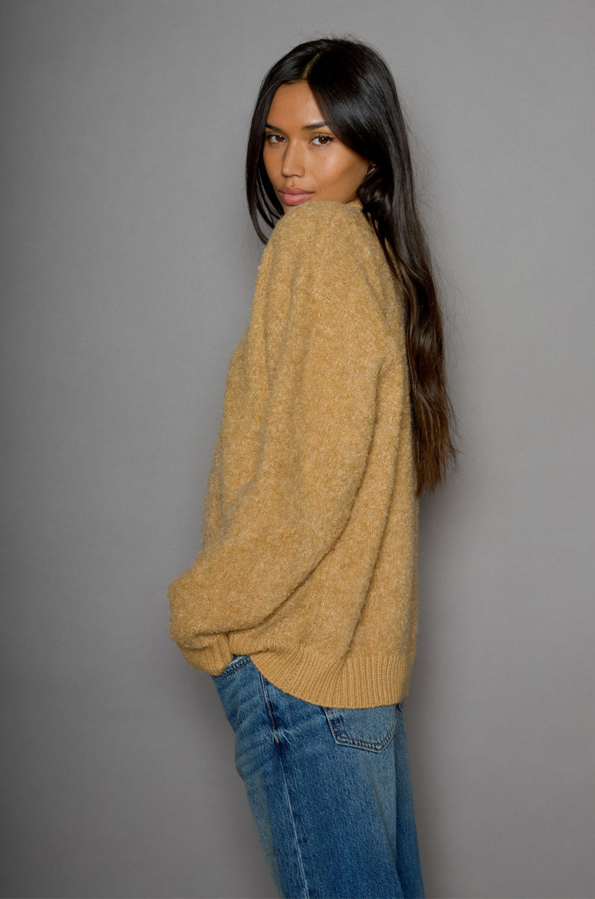 Fuzzy boucle knit sweater. Crewneck. Unlined. tan sweater. everyday sweater. fall sweater. winter sweater. carmel sweater