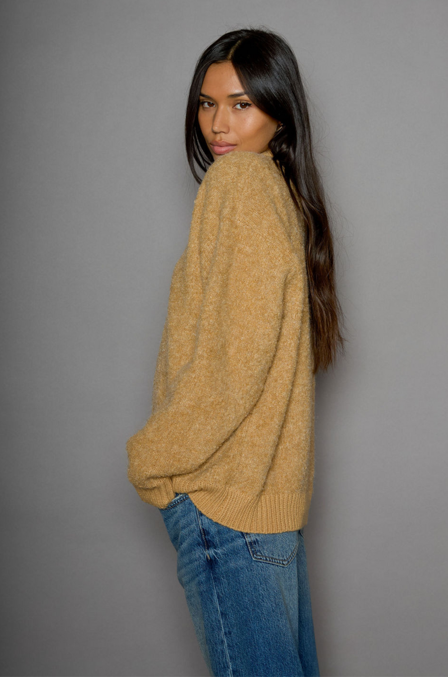 Fuzzy boucle knit sweater. Crewneck. Unlined. tan sweater. everyday sweater. fall sweater. winter sweater. carmel sweater
