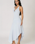 Chiffon halter neck mini dress
Cowl neckline
Adjustable neck tie
Cinched sides
Asymmetrical hem
Side zipper closure
Partially lined
blue midi wedding guest dress