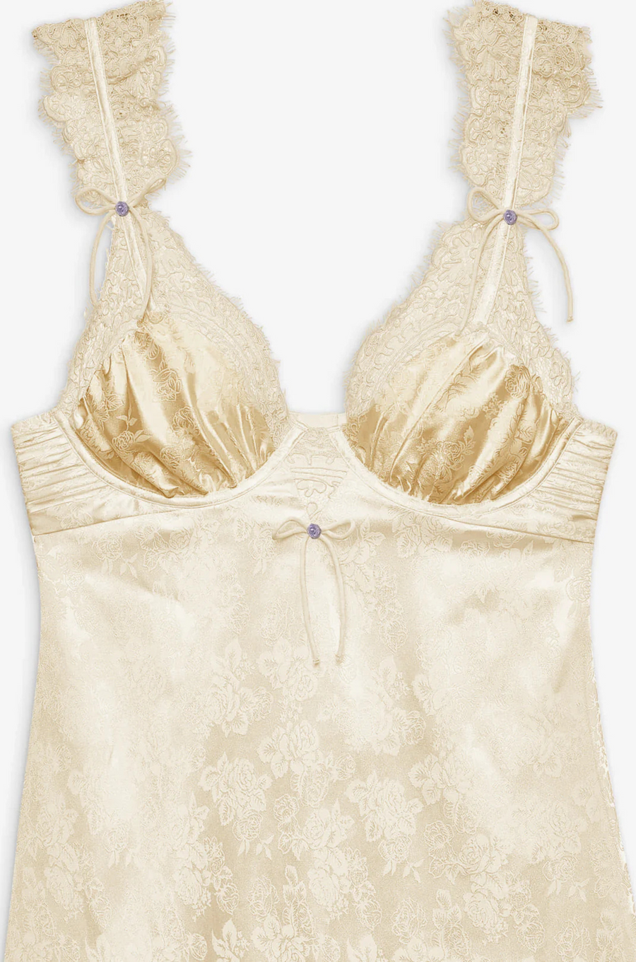 cream Satin slip mini dress with lace detailing
Crafted in a chic floral jacquard
Adorned with lace trims
Ruched underwire cups
Low drawstring back
Skinny chiffon tie bows and rosettes throughout
Unlined
Adjustable shoulder straps
Hook and eye closure at center-back
Polyester/Elastane
lingerie slip dress