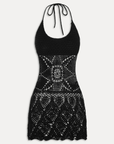 Exclusively from the JENNIE x Frankies Bikinis collaboration.
Handcrafted crochet mini dress
Lined at bust, sheer through body and skirt
Starburst crochet motif at torso
Adjustable ties at neckline and back
Slight stretch through skirt for comfort
Open back design
Black crochet mini dress coverup
