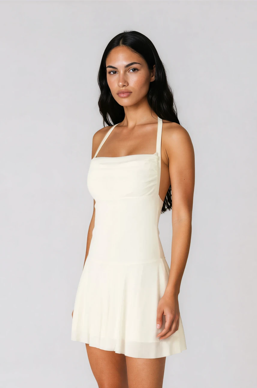 slim fit dress slacks White Twisted One-Shoulder Mini Dress