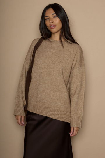 Heather crochet knit sweater. Crewneck. Long sleeves. Banded hems. Unlined. brown sweater. oversized sweater. cute fall sweater. cute winter sweater. 