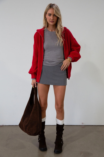Crochet knit cardigan. Collar neckline. Front zipper closure. Banded hems. Unlined. red sweater cardigan. fall outfit. fall sweater. fall cardigan