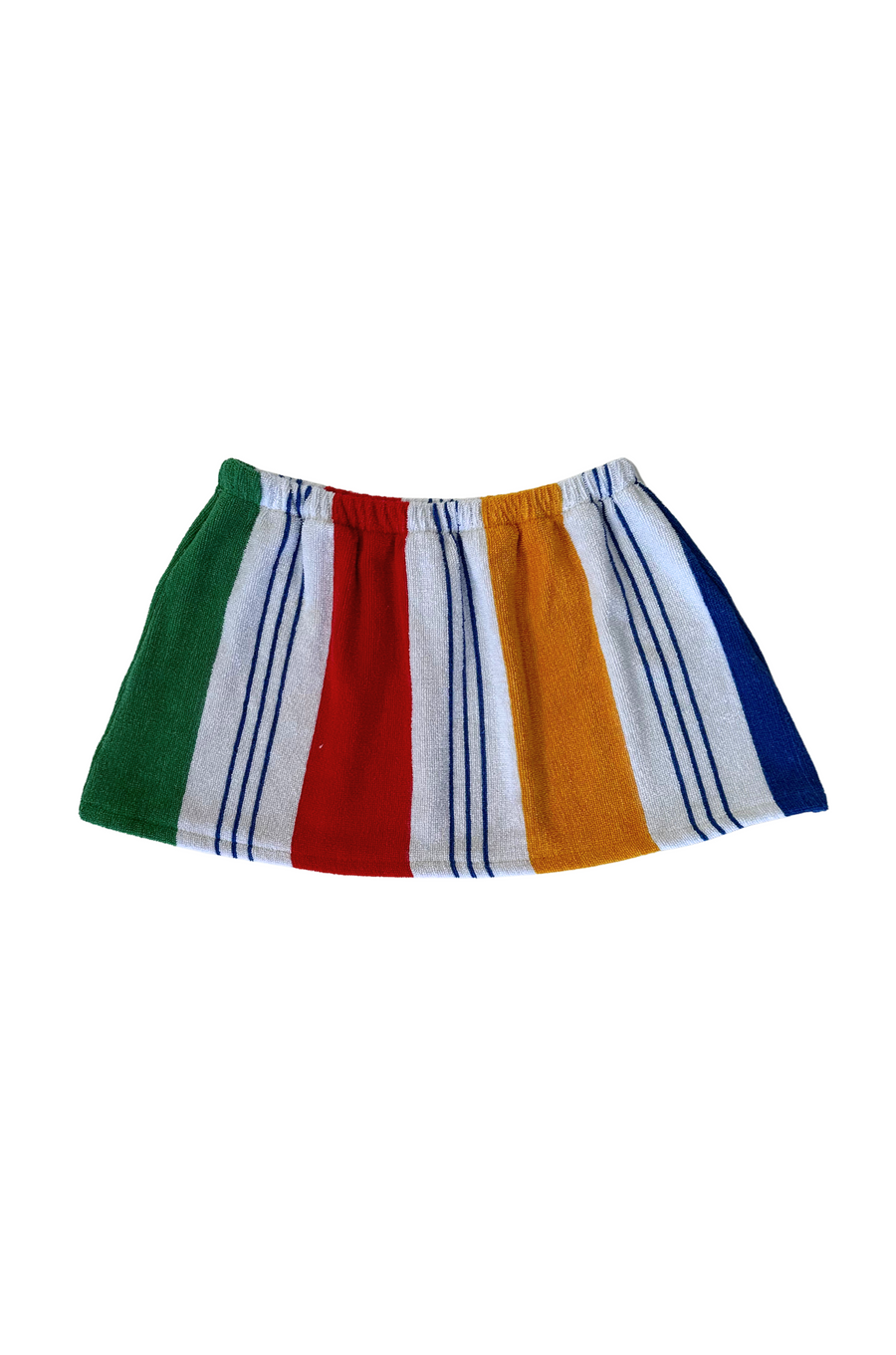 Colorful striped skirt
yellow green and blue Striped printed towel skirt
Elastic waistband
Unlined
Up-cycled
Each towel is up-cycled - there may be imperfections
retro towel skirt