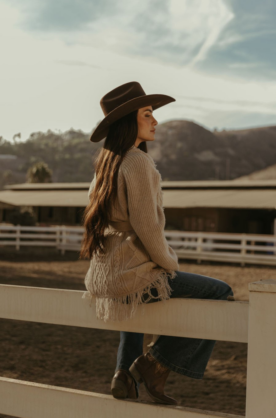 Fuzzy mixed knit crochet cardigan. Fringe trim. Long sleeves. Front pockets. Open front. Unlined. Robe sweater. ranch sweater. country cardigan