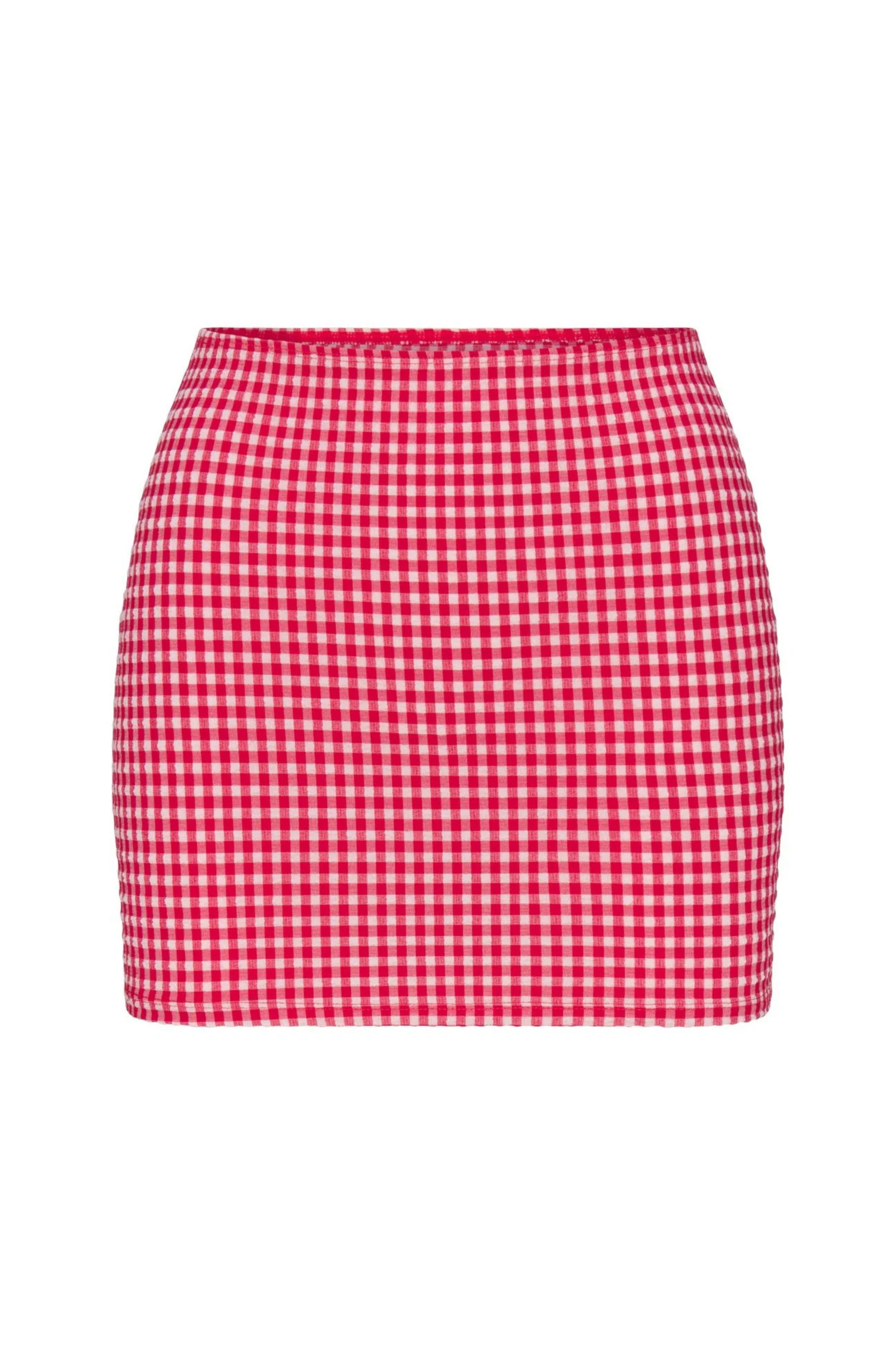 Red Gingham printed bikini mini skirt
Elastic waistband
Lined
Length: 14"
Nylon/Polyester/Spandex