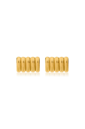 Ribbed rectangular earrings
Waterproof, Tarnish Free &amp; Hypoallergenic
Stainless Steel
Size: 1 inch x .5 inch
gold ribbed earrings
