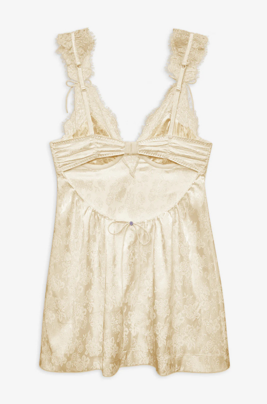cream Satin slip mini dress with lace detailing
Crafted in a chic floral jacquard
Adorned with lace trims
Ruched underwire cups
Low drawstring back
Skinny chiffon tie bows and rosettes throughout
Unlined
Adjustable shoulder straps
Hook and eye closure at center-back
Polyester/Elastane
lingerie slip dress