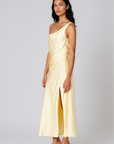 yellow Satin maxi dress
Asymmetrical off-shoulder neckline
Ruched bodice
High side slit
Lined
wedding guest dress
bridesmaid dress