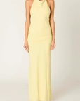 yellow Chiffon halter maxi dress
Fitted column silhouette
High draped halter neckline
Smooth front bodice
Gathered waist detailing
Self-tie at neckline with concealed side zipper
Fully lined
Yellow wedding guest maxi dress