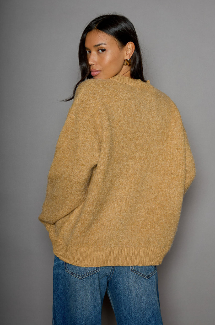 Fuzzy boucle knit sweater. Crewneck. Unlined. tan sweater. everyday sweater. fall sweater. winter sweater. carmel sweater