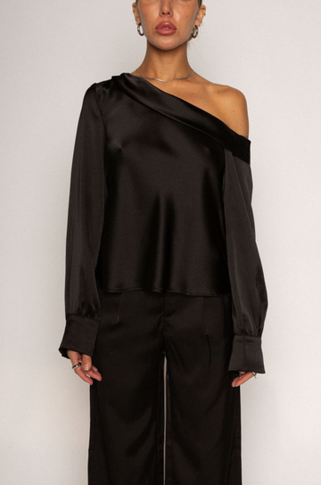 black Satin top. Folded off the shoulder neckline. Long sleeves with button closures. Unlined. black satin off the shoulder top.