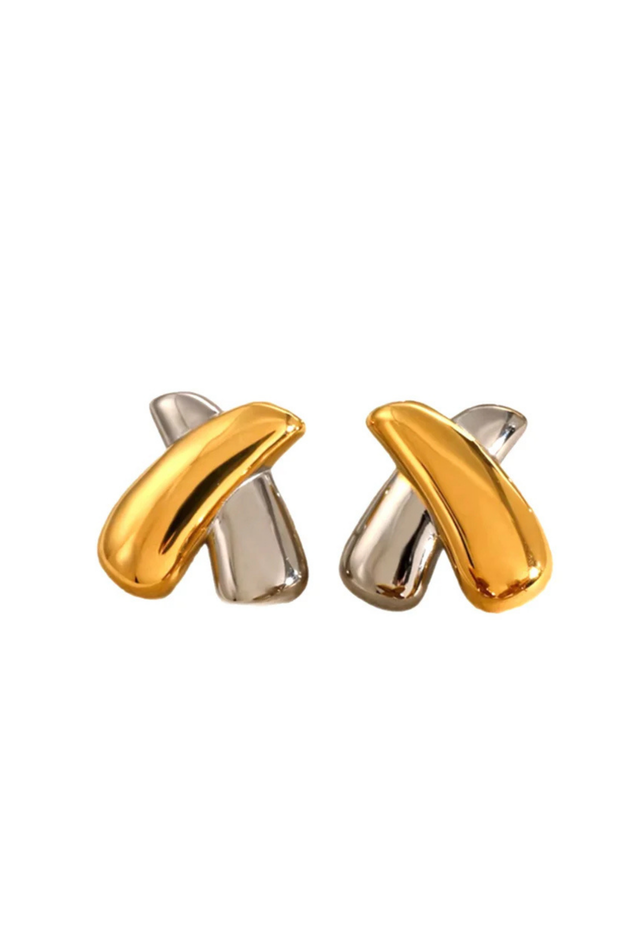 Two toned crossover "X" shaped earrings. Tarnish free. Stainless steel. Lightweight.